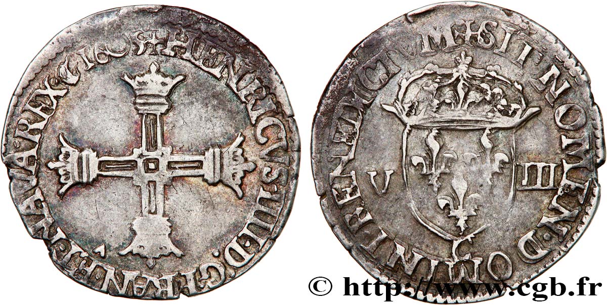 HENRY IV Huitième d écu, croix bâtonnée et couronnée de face 1605 Saint-Lô VF/XF