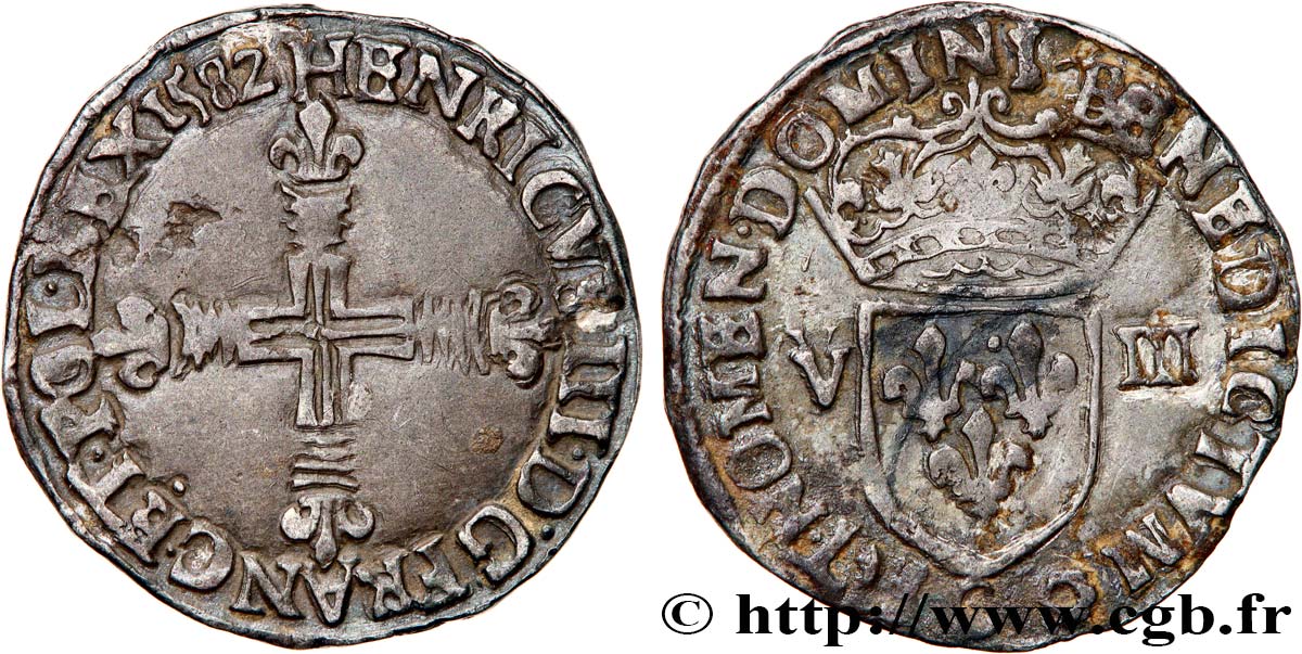 HENRY III Huitième d écu, croix de face 1582 Saint-Lô BB