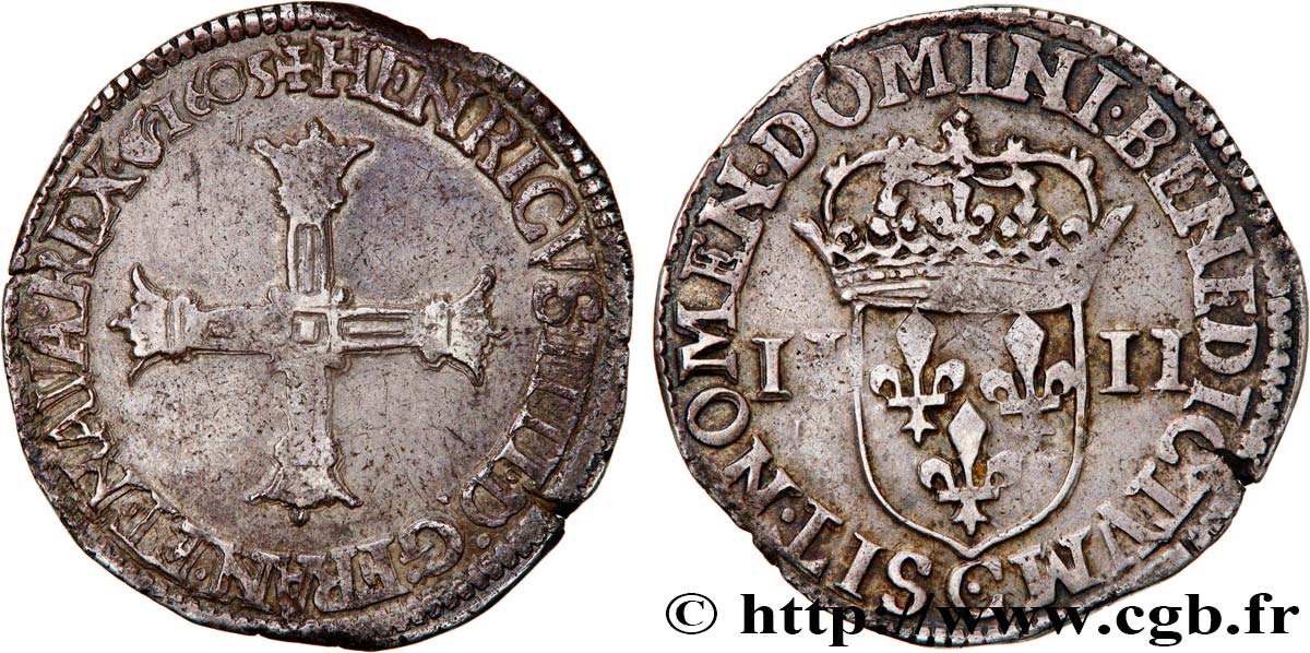 HENRY IV Quart d écu, croix bâtonnée et couronnée de face 1605 Saint-Lô XF/AU