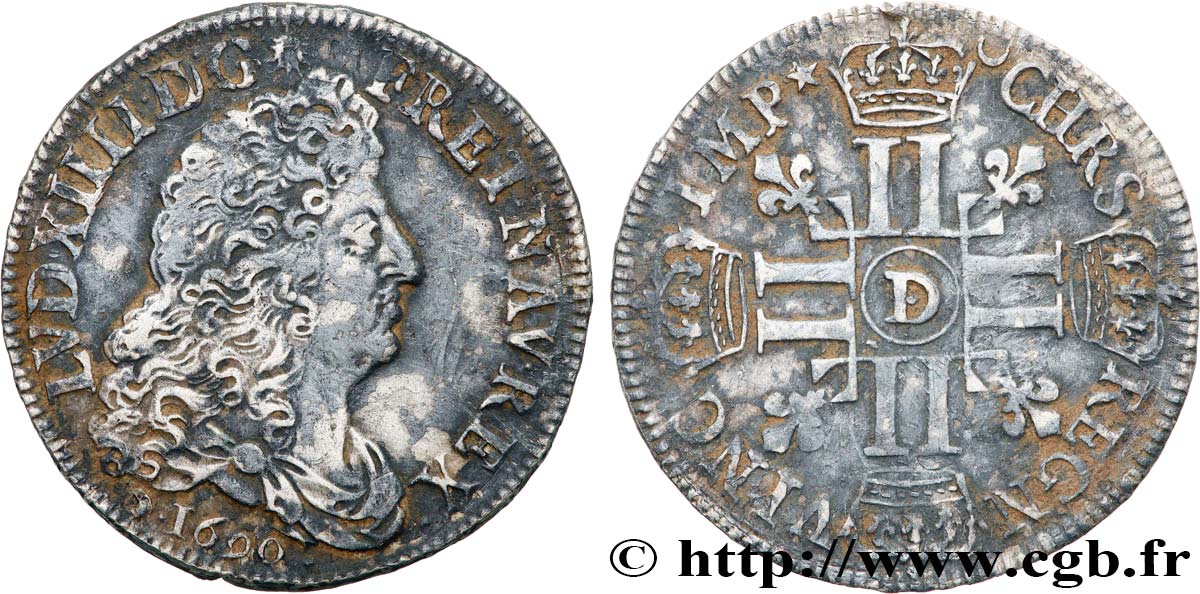LOUIS XIV  THE SUN KING  Demi-écu aux huit L, 1er type 1690 Lyon XF