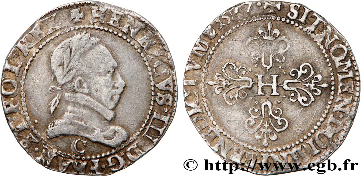 HENRI III Demi-franc au col plat 1587 Saint-Lô TTB+