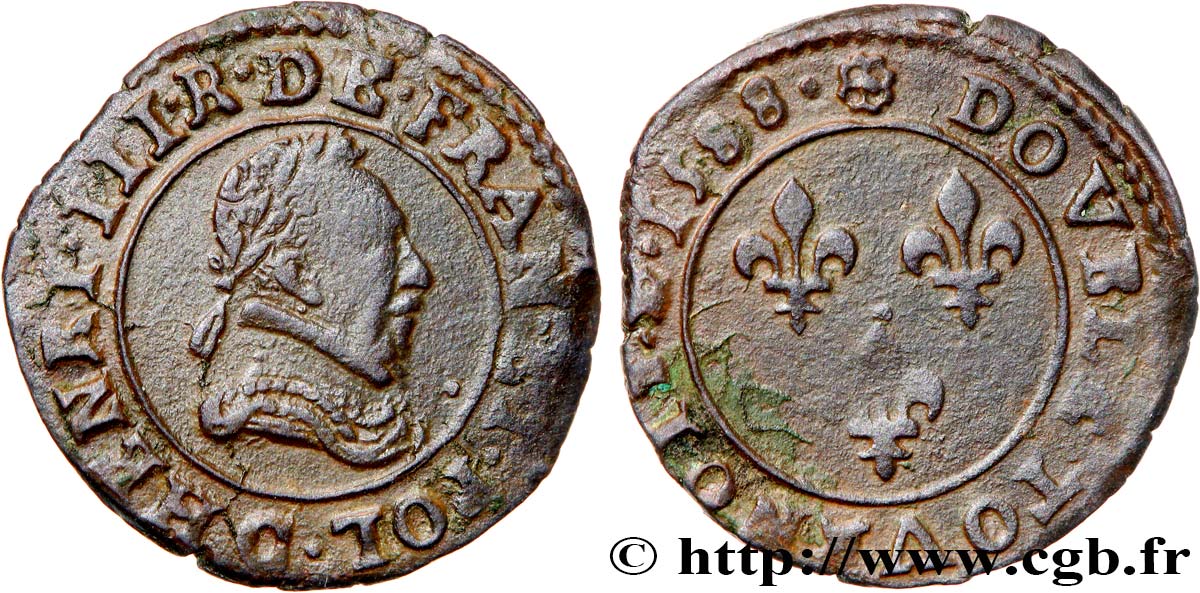 HENRY III Double tournois, type de Saint-Lô 1588 Saint-Lô q.SPL