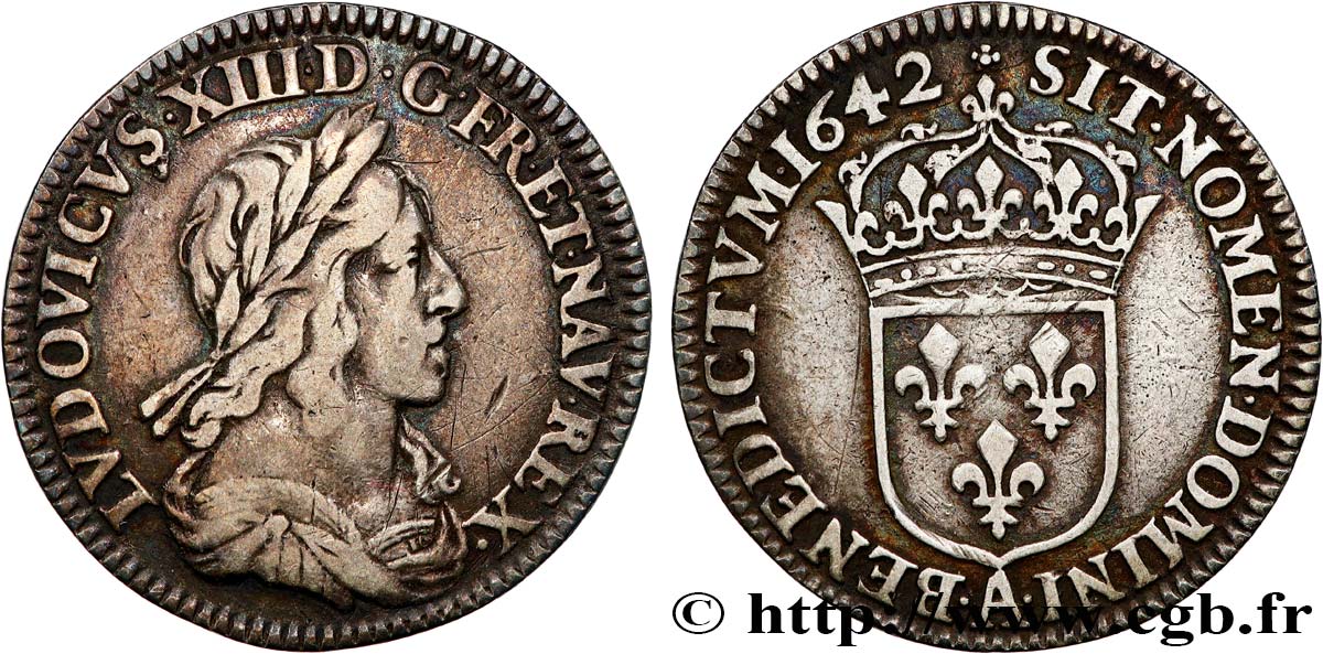 LOUIS XIII LE JUSTE Douzième d écu, 3e type, 2e poinçon de Warin 1642 Paris, Monnaie de Matignon TB/TB+