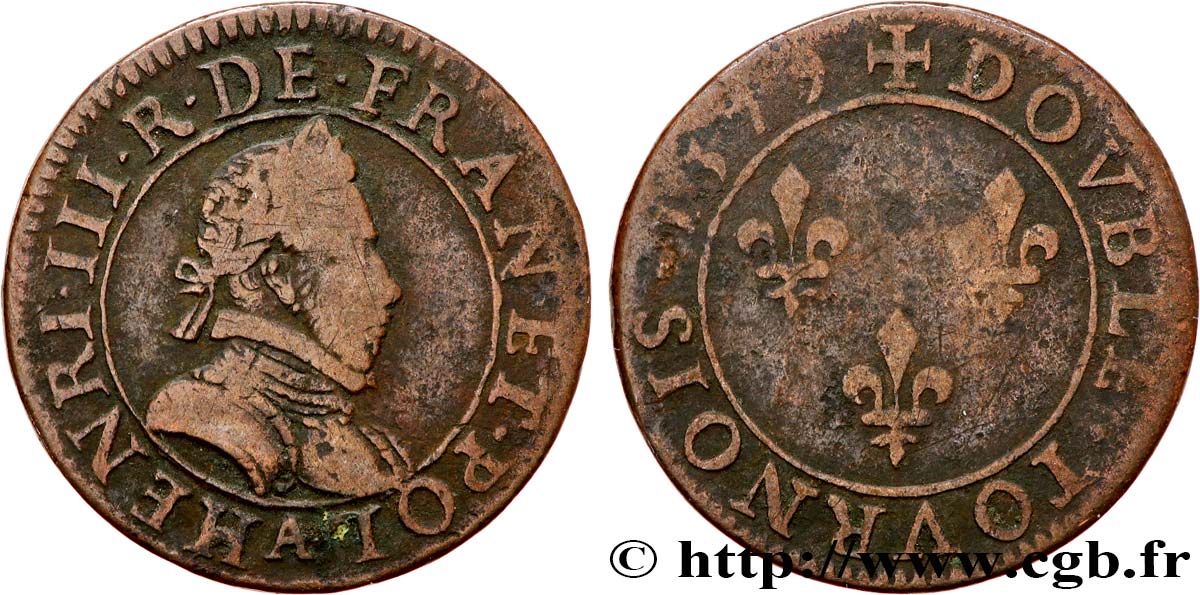 HENRY III Double tournois, 1er type de Paris 1579 Paris, Moulin des Étuves BC+