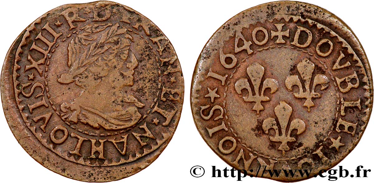 LOUIS XIII LE JUSTE Double tournois, 15e type de La Rochelle 1640 La Rochelle TTB