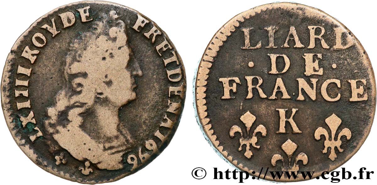 LOUIS XIV LE GRAND OU LE ROI SOLEIL Liard, 3e type, buste âgé 1696 Bordeaux TB