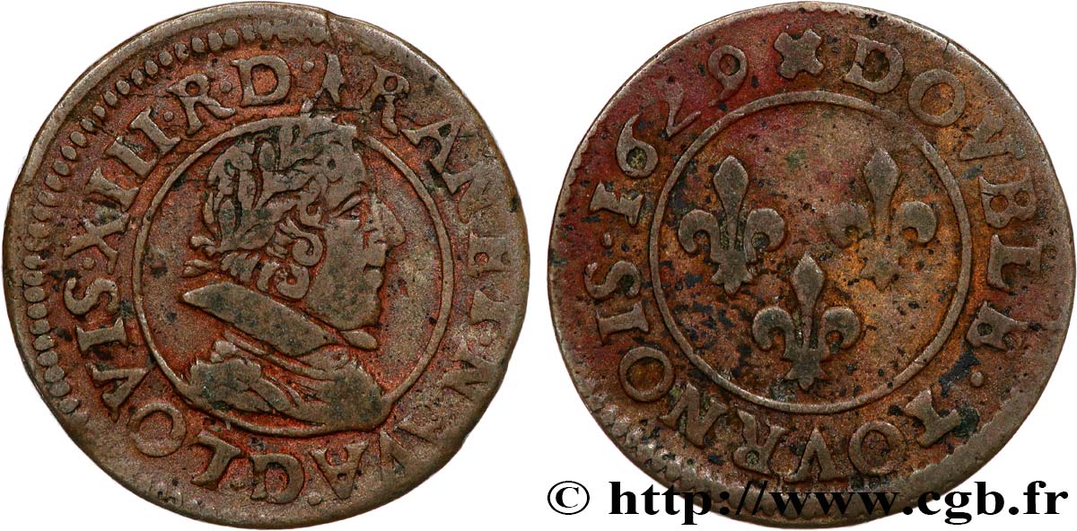 LOUIS XIII LE JUSTE Double tournois, type 6 de Lyon 1629 Lyon TTB