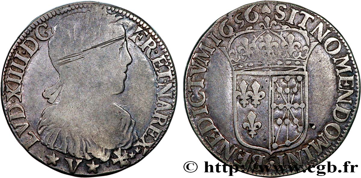 LOUIS XIV LE GRAND OU LE ROI SOLEIL Demi-écu de Navarre à la mèche longue 1656 Saint-Palais TB/TTB