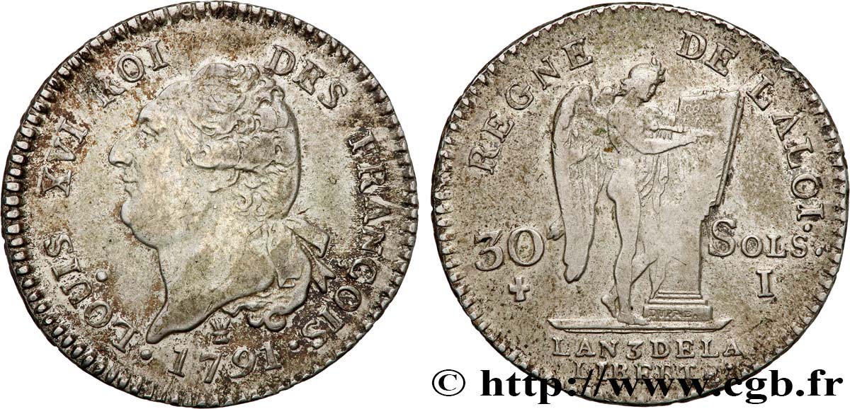 LOUIS XVI (MONARQUE CONSTITUTIONNEL)  30 sols dit &nbsp;au génie&nbsp;, type FRANÇOIS 1791 Limoges TTB