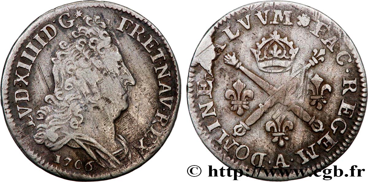 LOUIS XIV LE GRAND OU LE ROI SOLEIL 10 sols aux insignes 1706 Paris TB+