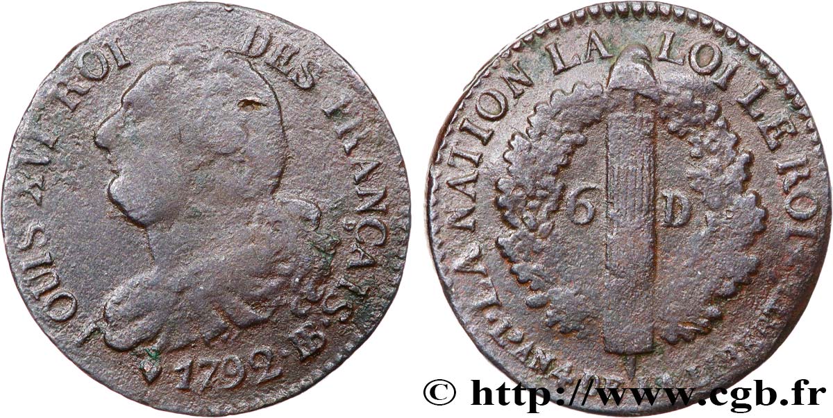 LOUIS XVI (MONARQUE CONSTITUTIONNEL)  6 deniers dit  au faisceau , type FRANÇAIS 1792 Strasbourg TB