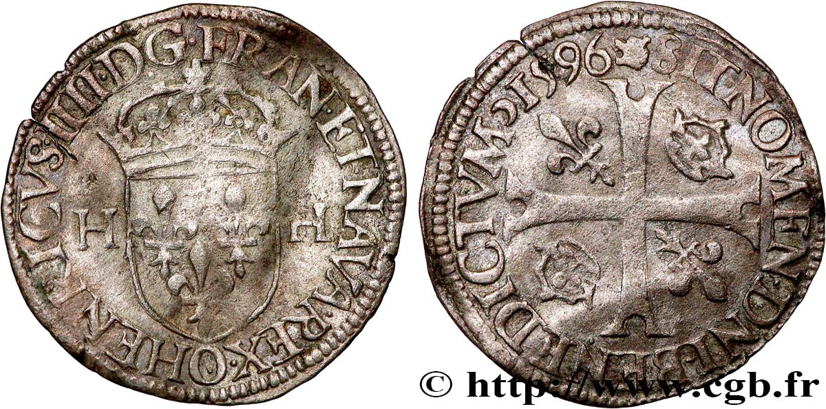 HENRI IV LE GRAND Douzain aux deux H, 2e type 1596 Riom TTB
