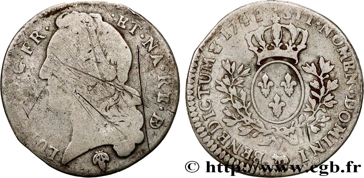 LOUIS XV  THE WELL-BELOVED  Cinquième d’écu aux branches d’olivier, tête ceinte d’un bandeau 1741 Pau fS/S