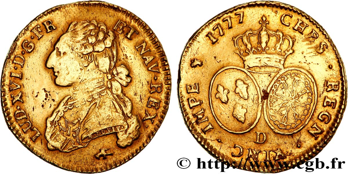 LOUIS XVI Double louis d’or aux écus ovales 1777 Lyon TTB