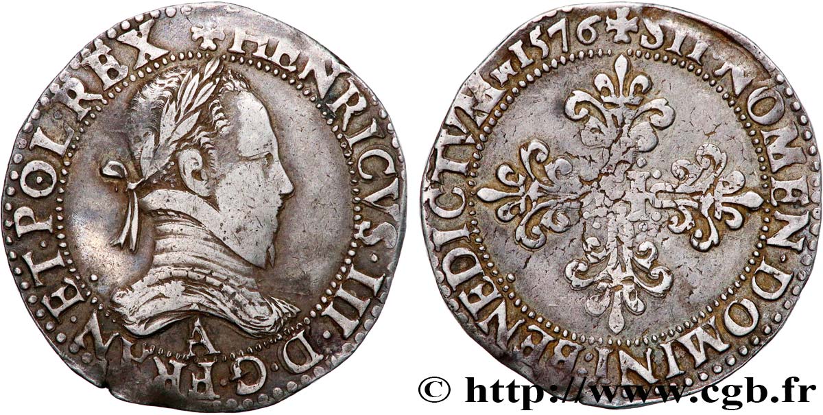 HENRY III Franc au col plat 1576 Paris XF