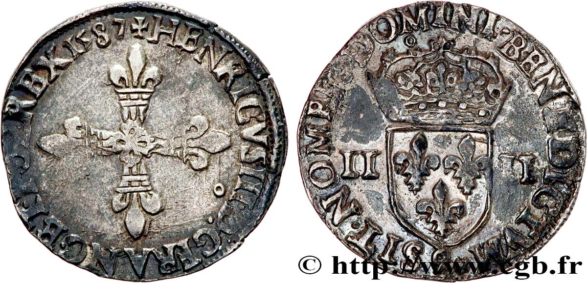 HENRY III Quart d écu, croix de face 1587 Rennes XF