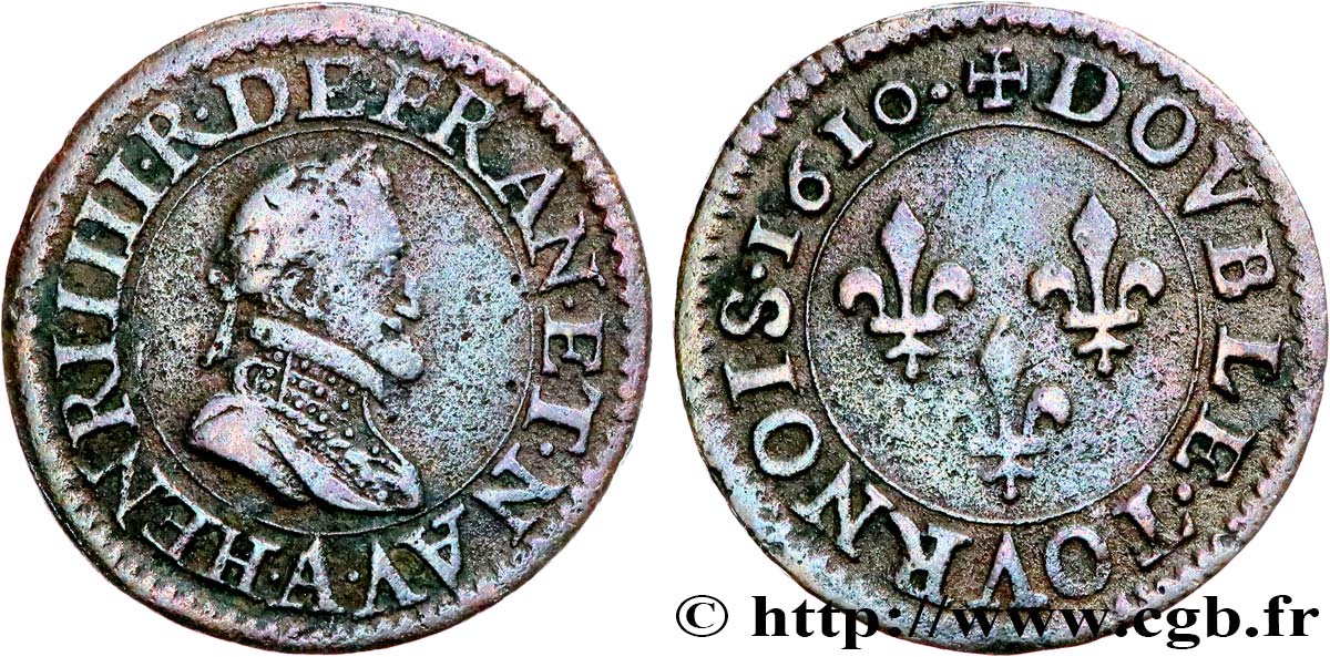 HENRI IV LE GRAND Double tournois, 2e type de Paris (légende française) 1610 Paris, Moulin des Étuves TB