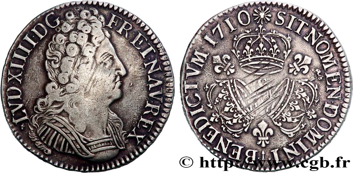 LOUIS XIV  THE SUN KING  Écu aux trois couronnes 1710 La Rochelle VF
