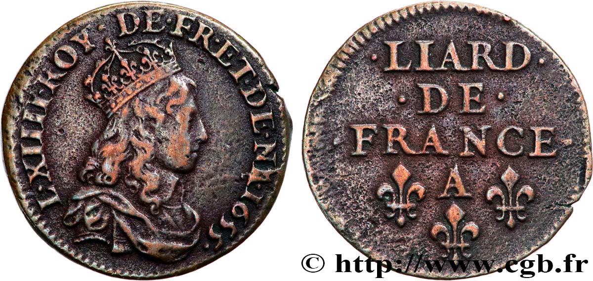 LOUIS XIV LE GRAND OU LE ROI SOLEIL Liard de cuivre, 2e type 1655 Corbeil TTB