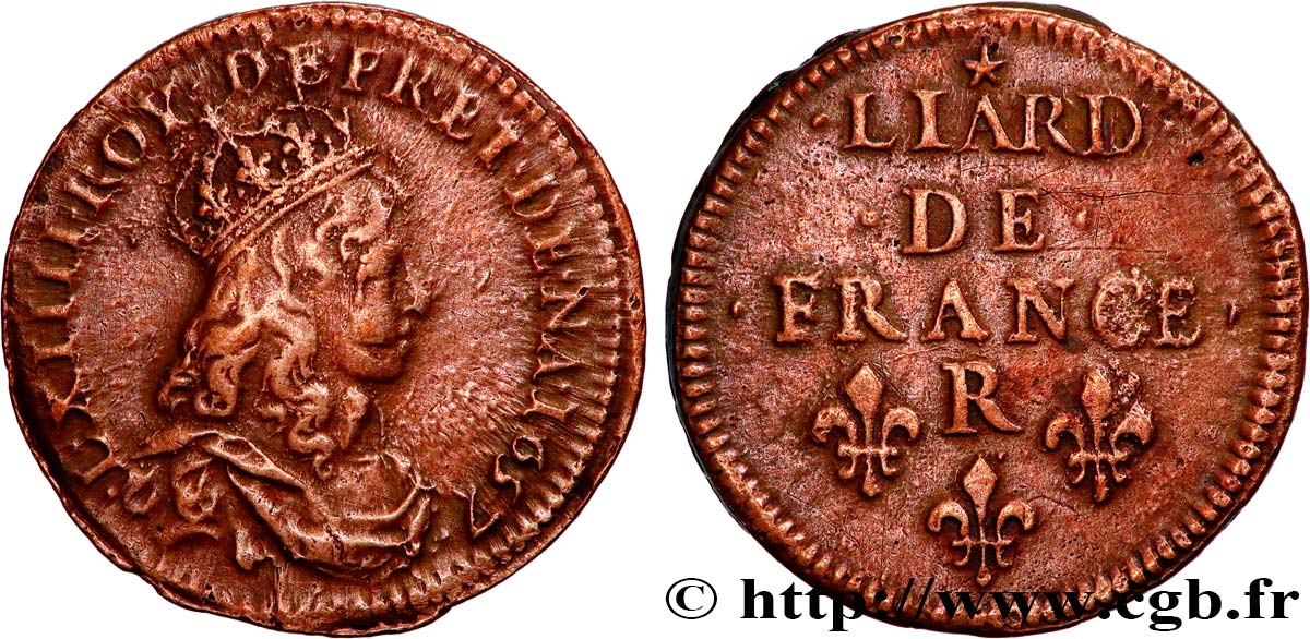 LOUIS XIV LE GRAND OU LE ROI SOLEIL Liard de cuivre, 2e type 1655 Nîmes TB+/TTB