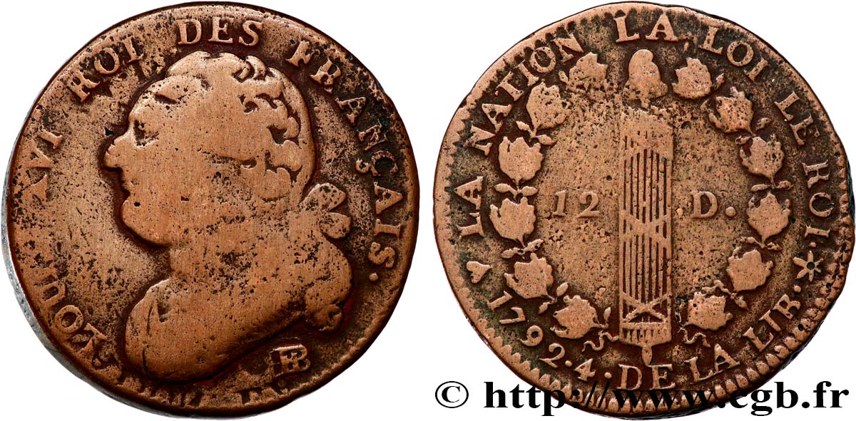 LOUIS XVI (MONARQUE CONSTITUTIONNEL)  12 deniers dit &nbsp;au faisceau&nbsp;, type FRANÇAIS 1792 Strasbourg TB+