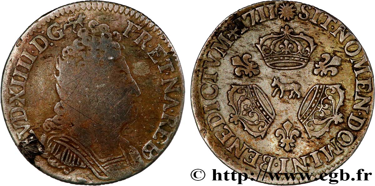 LOUIS XIV  THE SUN KING  Dixième d écu aux trois couronnes 1711 Pau F/XF