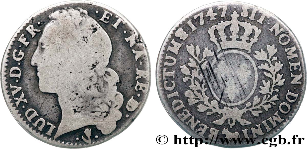 LOUIS XV  THE WELL-BELOVED  Demi-écu aux branches d’olivier, tête ceinte d’un bandeau 1747 Pau VF