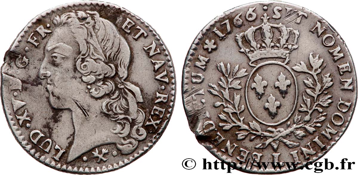 LOUIS XV DIT LE BIEN AIMÉ Cinquième d’écu aux branches d’olivier, tête ceinte d’un bandeau 1766 Bayonne TB+