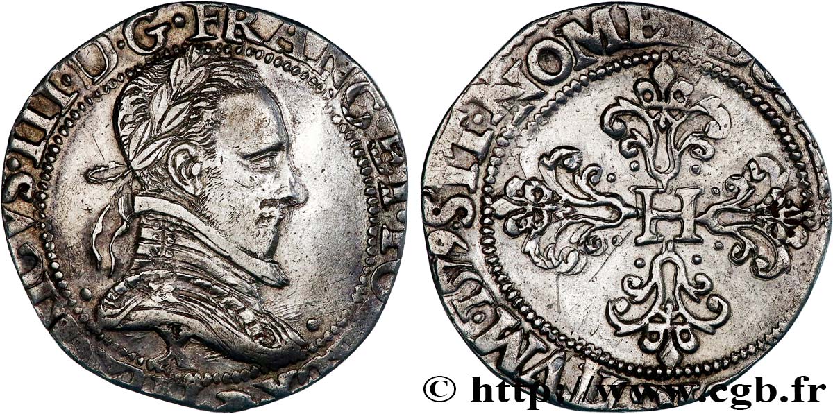 HENRY III Franc au col plat 1579 Amiens XF