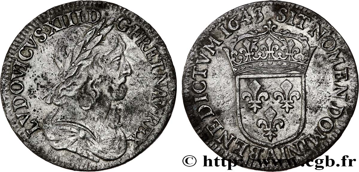 LOUIS XIII LE JUSTE Quart d écu d argent, 3e type, 2e poinçon de Warin 1643 Paris, Monnaie du Louvre TB+/TTB