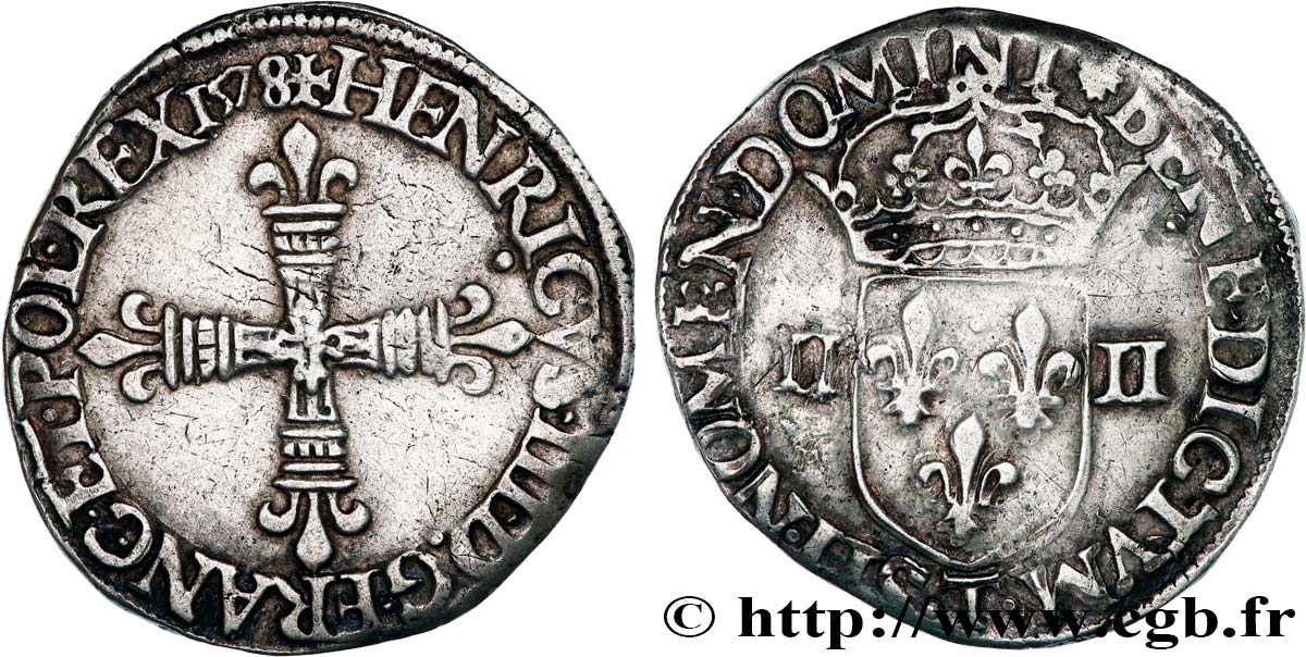 HENRY III Quart d&nbsp;écu, croix de face 1578 Nantes BB