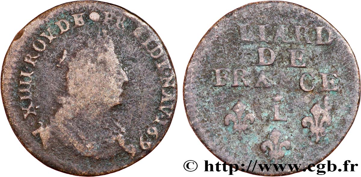 LOUIS XIV  THE SUN KING  Liard, 3e type, buste âgé 1696 Lille BC
