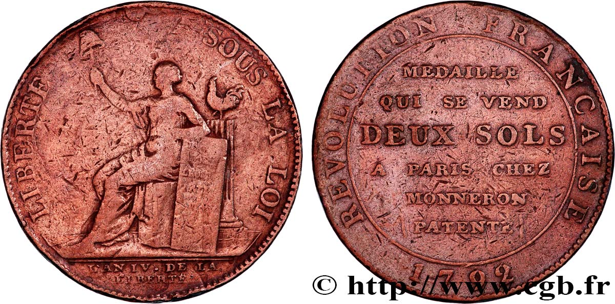 REVOLUTION COINAGE Monneron de 2 sols à la Liberté 1792 Birmingham, Soho BC