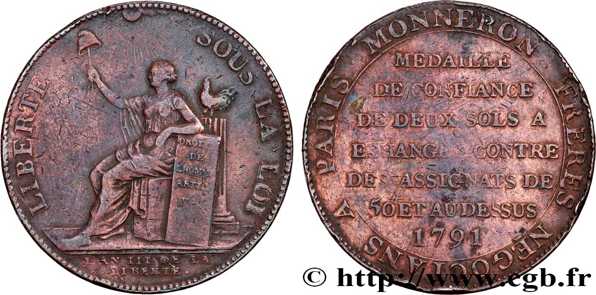 REVOLUTION COINAGE Monneron de 2 sols à la Liberté 1791 Birmingham, Soho fSS