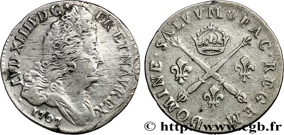 LOUIS XIV  THE SUN KING  10 sols aux insignes 1707 Lyon XF