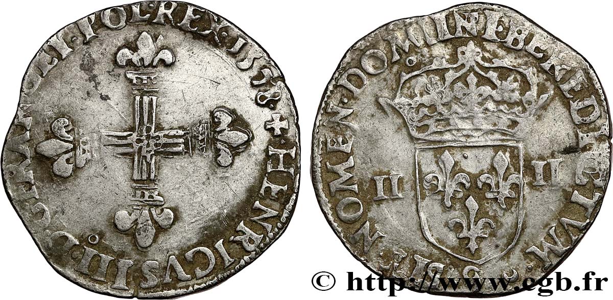 HENRI III Quart d&nbsp;écu, croix de face 1578 Rennes TB+