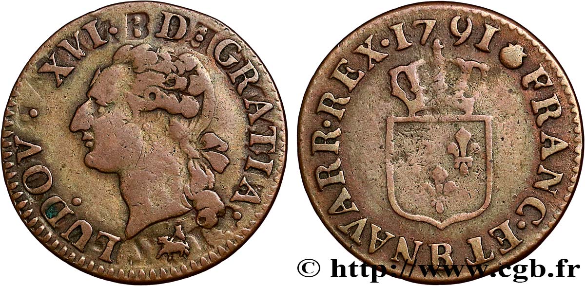 LOUIS XVI Liard dit “à l écu” 1791 Rouen TB