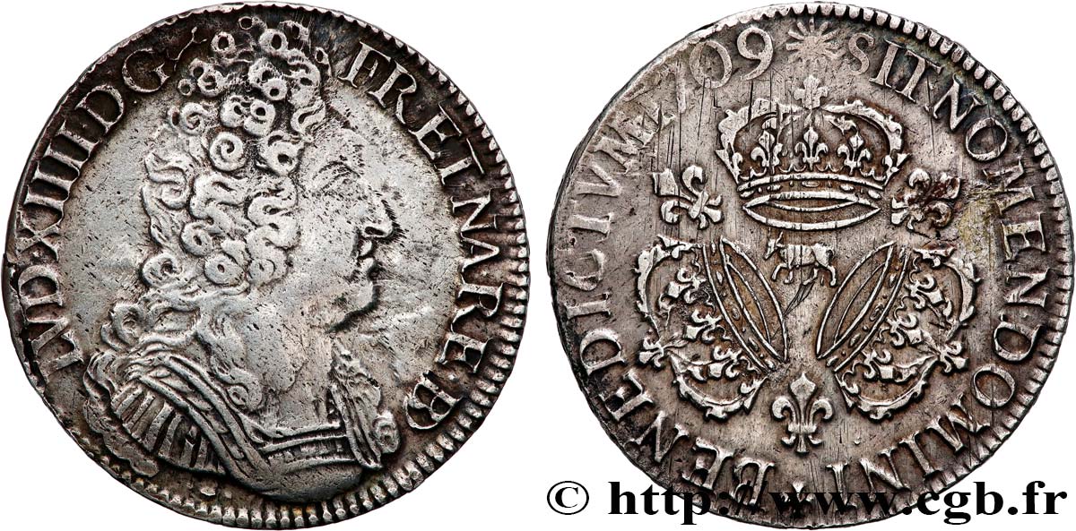 LOUIS XIV LE GRAND OU LE ROI SOLEIL Écu aux trois couronnes 1709 Pau TB+/TTB