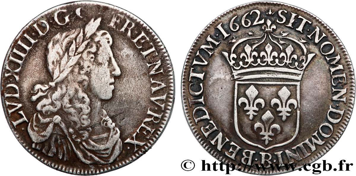 LOUIS XIV  THE SUN KING  Demi-écu, portrait apollinien 1662 Rouen q.BB/BB