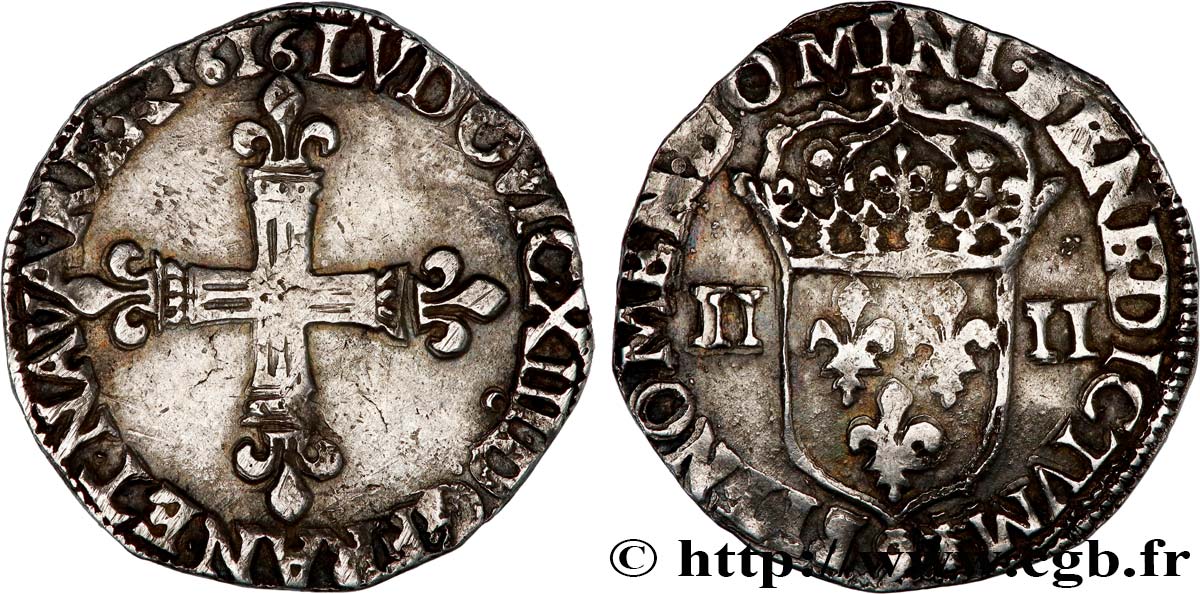LOUIS XIII  Quart d écu, à la croix fleurdelisée, titulature côté croix 1616 Rennes BC+