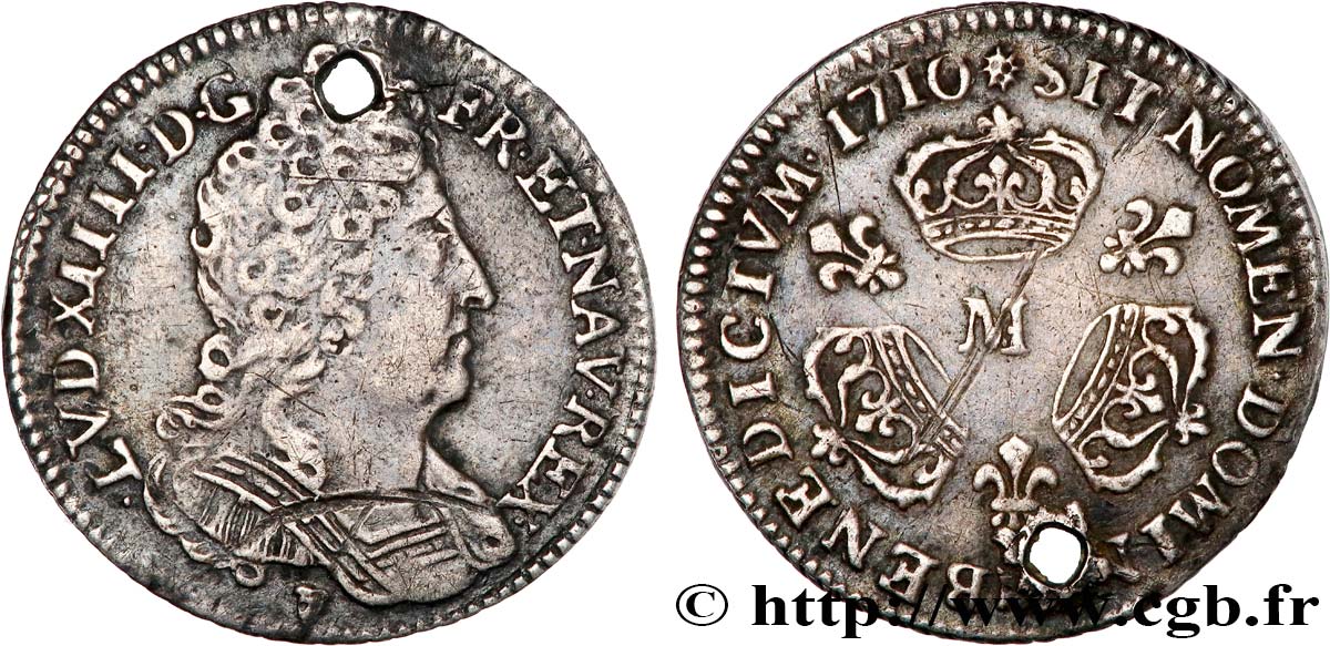 LOUIS XIV  THE SUN KING  Dixième d écu aux trois couronnes 1710 Toulouse MBC