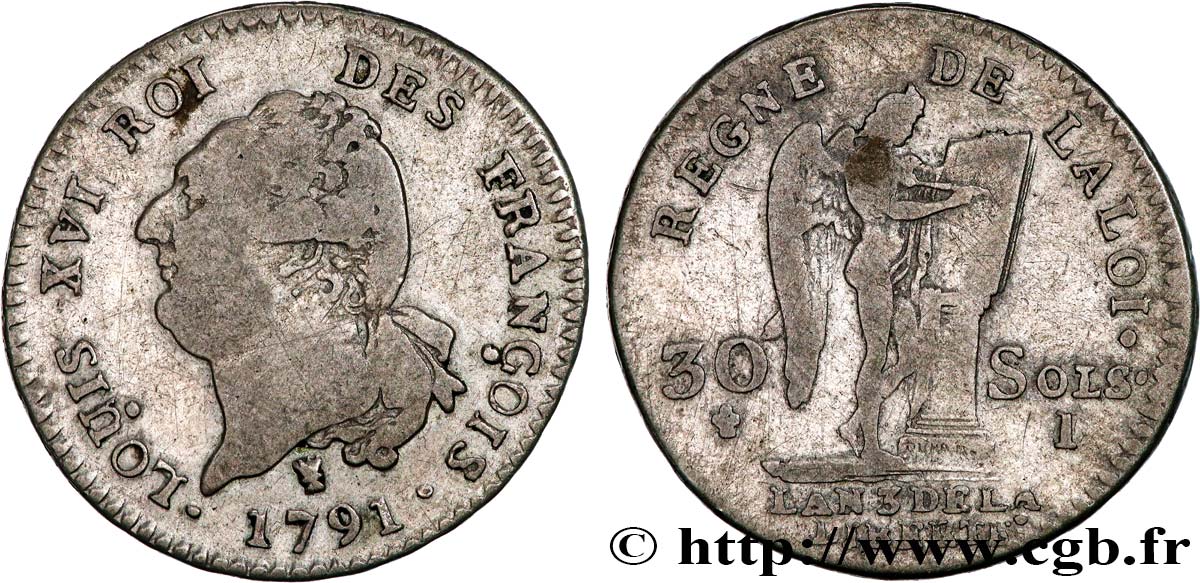 LOUIS XVI 30 sols dit  au génie , type FRANÇOIS 1791 Limoges BC+
