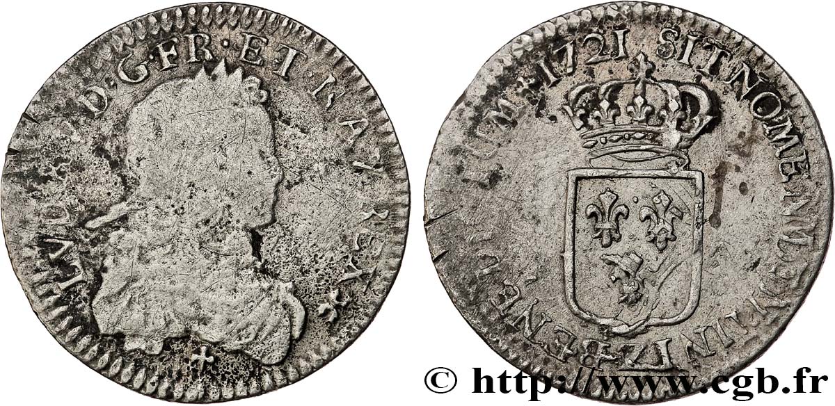 LOUIS XV  THE WELL-BELOVED  Sixième d écu de France 1721 Grenoble VF/VF