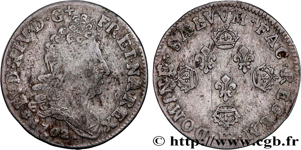 LOUIS XIV  THE SUN KING  Dix sols aux quatre couronnes 1702 Strasbourg BC/BC+