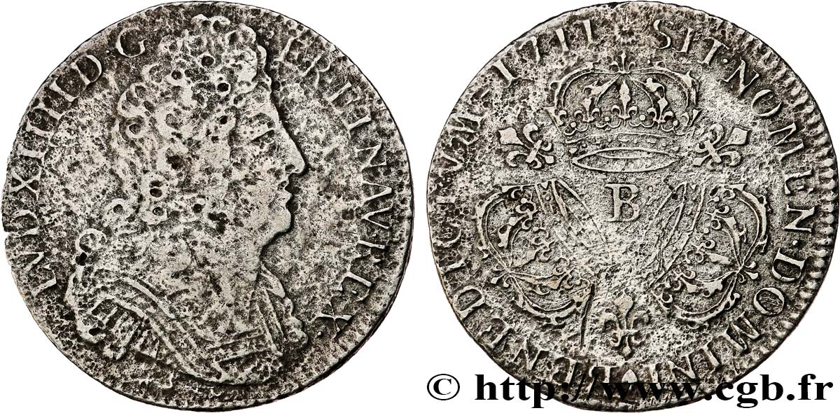 LOUIS XIV  THE SUN KING  Quart d écu aux trois couronnes 1711 Rouen MB