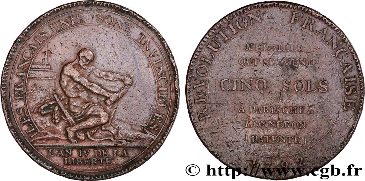 REVOLUTION COINAGE / CONFIANCE (MONNAIES DE…) Monneron de 5 sols à l Hercule, frappe monnaie 1792 Birmingham, Soho VF