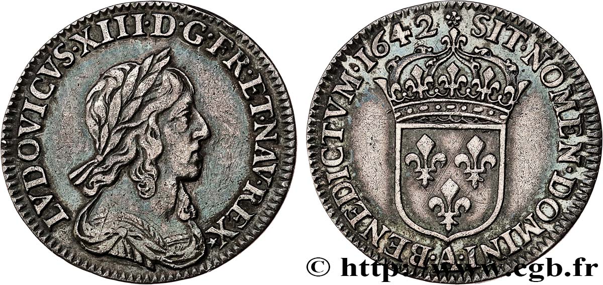 LOUIS XIII LE JUSTE Douzième d écu, 3e type, 2e poinçon de Warin 1642 Paris, Monnaie de Matignon TTB