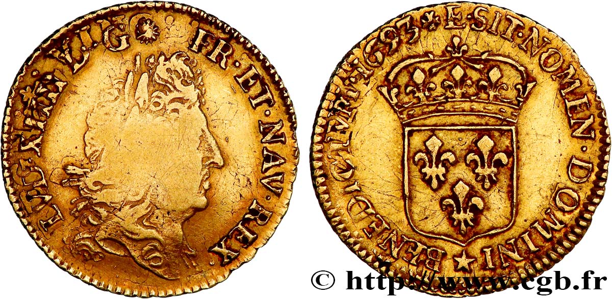 LOUIS XIV  THE SUN KING  Demi-louis d or à l écu 1693 Tours VF/XF