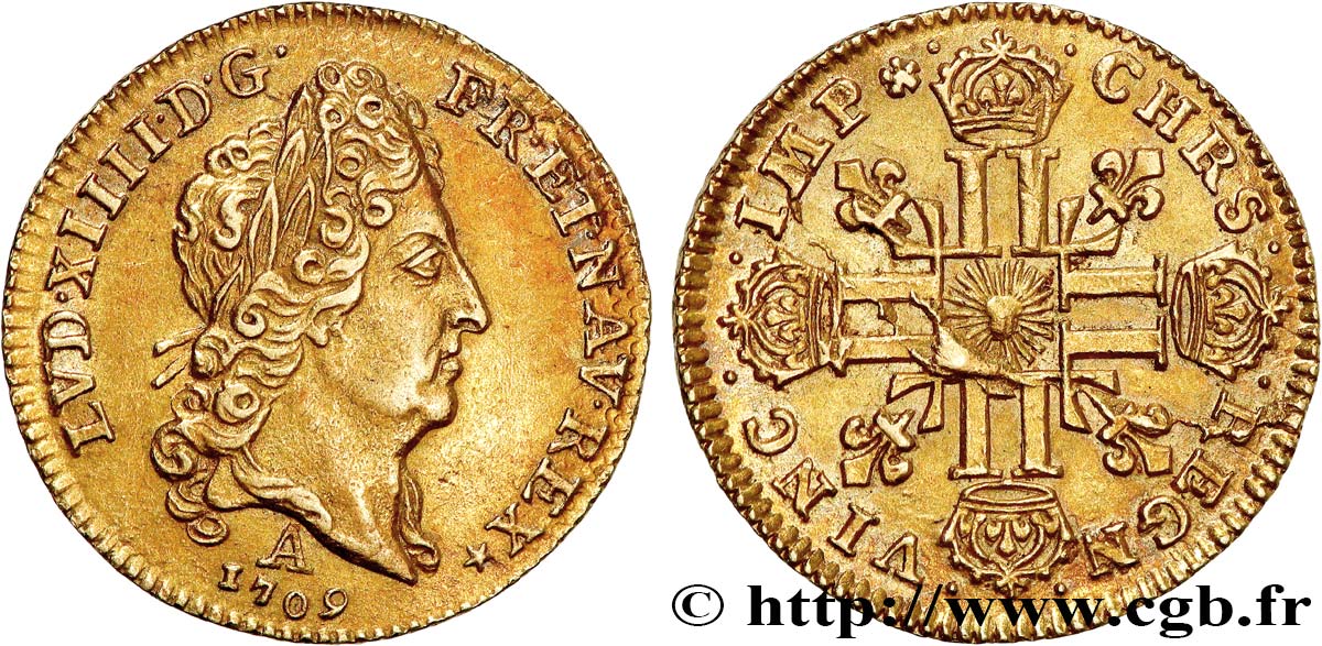LOUIS XIV THE SUN KING Demi-louis d'or au soleil 1709 Paris bry_715918  Royal coins