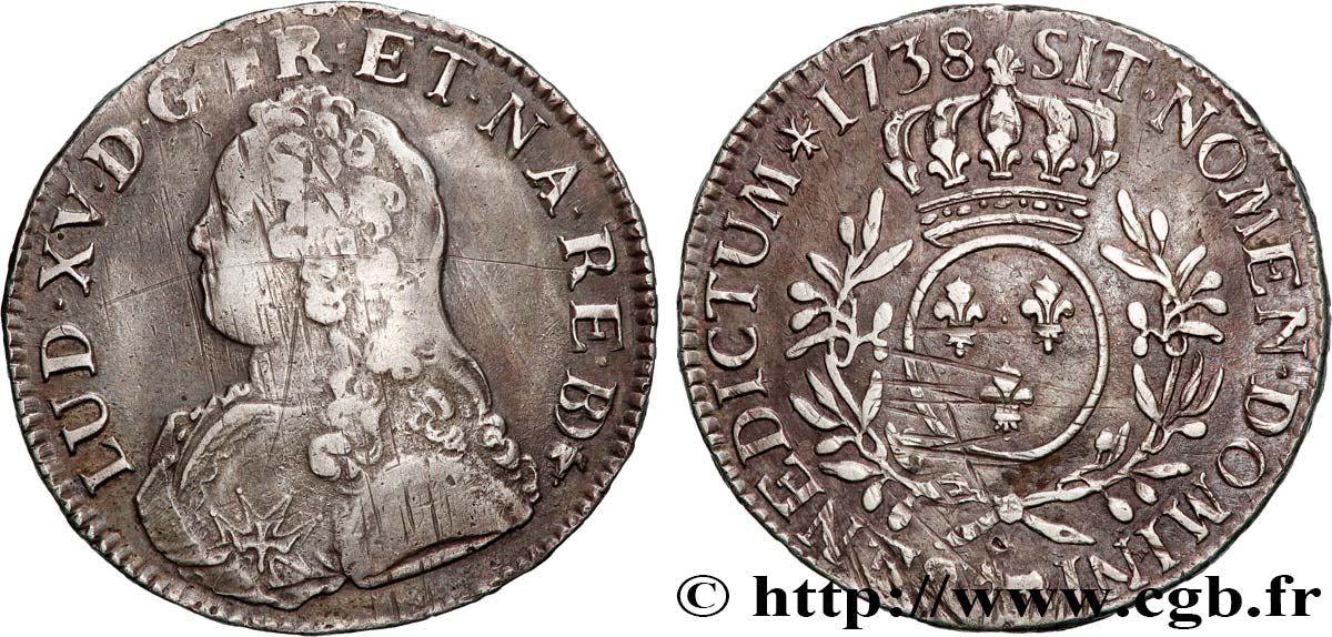 LOUIS XV  THE WELL-BELOVED  Écu aux branches d olivier, buste habillé 1738 Pau fSS/SS